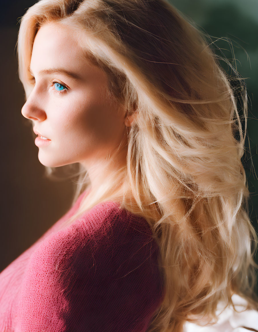 Woman with Blonde Hair and Blue Eyes in Pink Sweater, Profile Shot in Warm Light