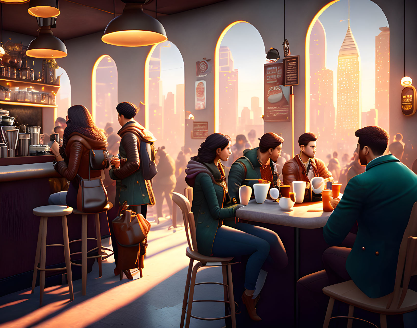 Urban cafe patrons enjoy beverages in cozy setting with warm lighting and city views.