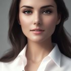 Woman portrait: dark hair, brown eyes, white blouse, natural makeup