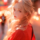 Female character with elfin ears in red outfit against urban sunset.