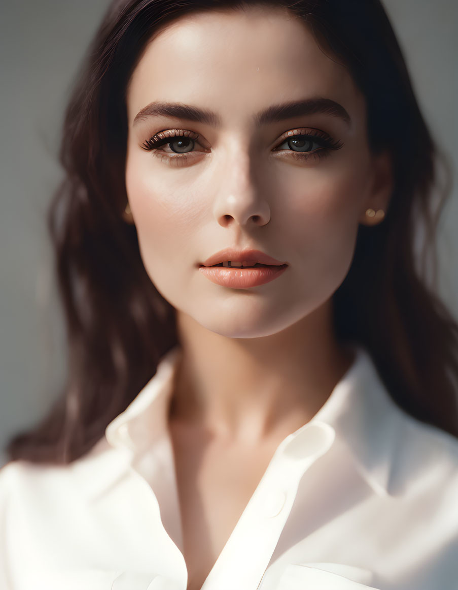 Woman portrait: dark hair, brown eyes, white blouse, natural makeup