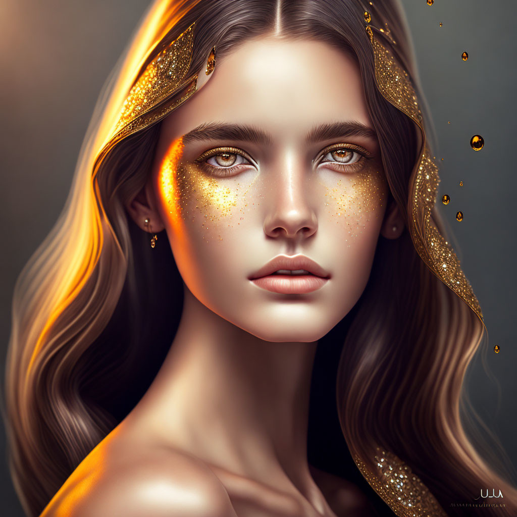 Digital portrait: Woman with green eyes, golden glitter on skin and hair