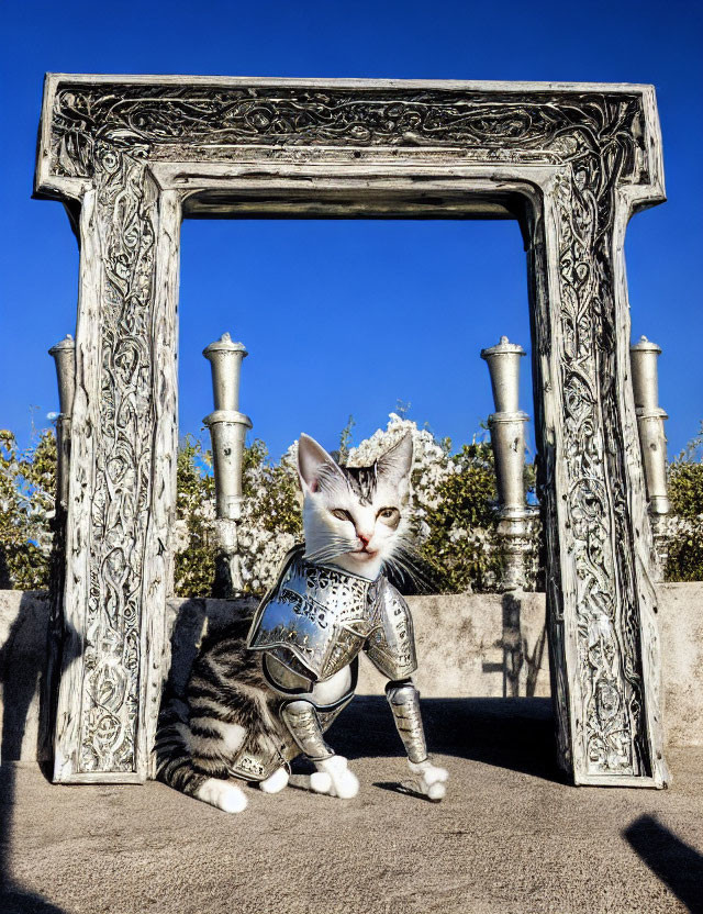 Cat in medieval armor posing whimsically in front of decorative frame