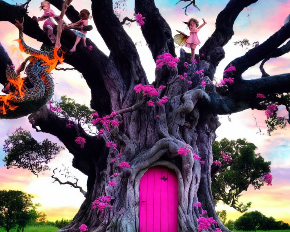 Fantastical image: Large tree, pink door, fairies, dragon, flowers