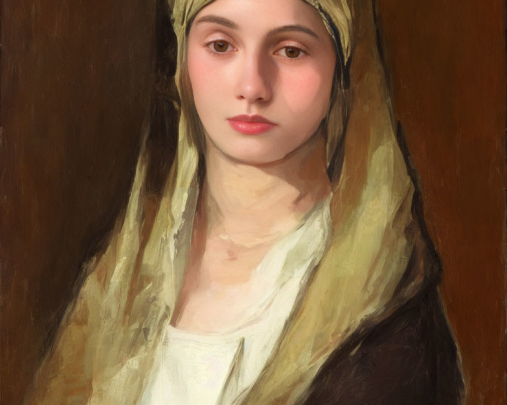 Young woman in yellow headscarf and white garment against brown background