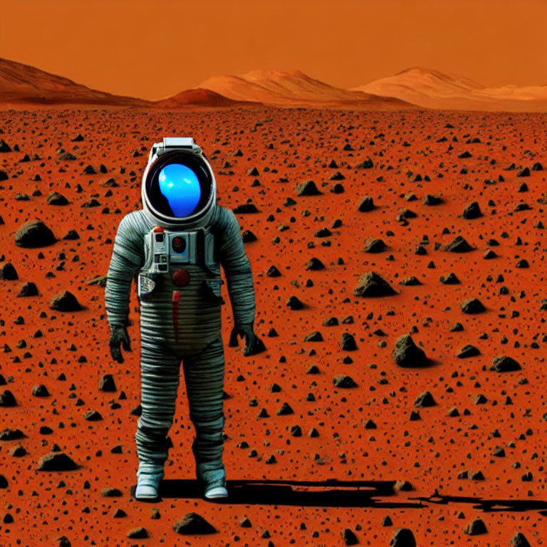 Vintage space suit astronaut on rocky Martian landscape under orange sky