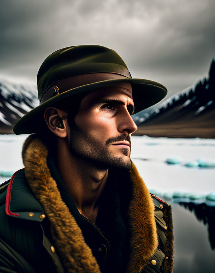 Man in Green Hat and Fur Coat Gazing at Mountains