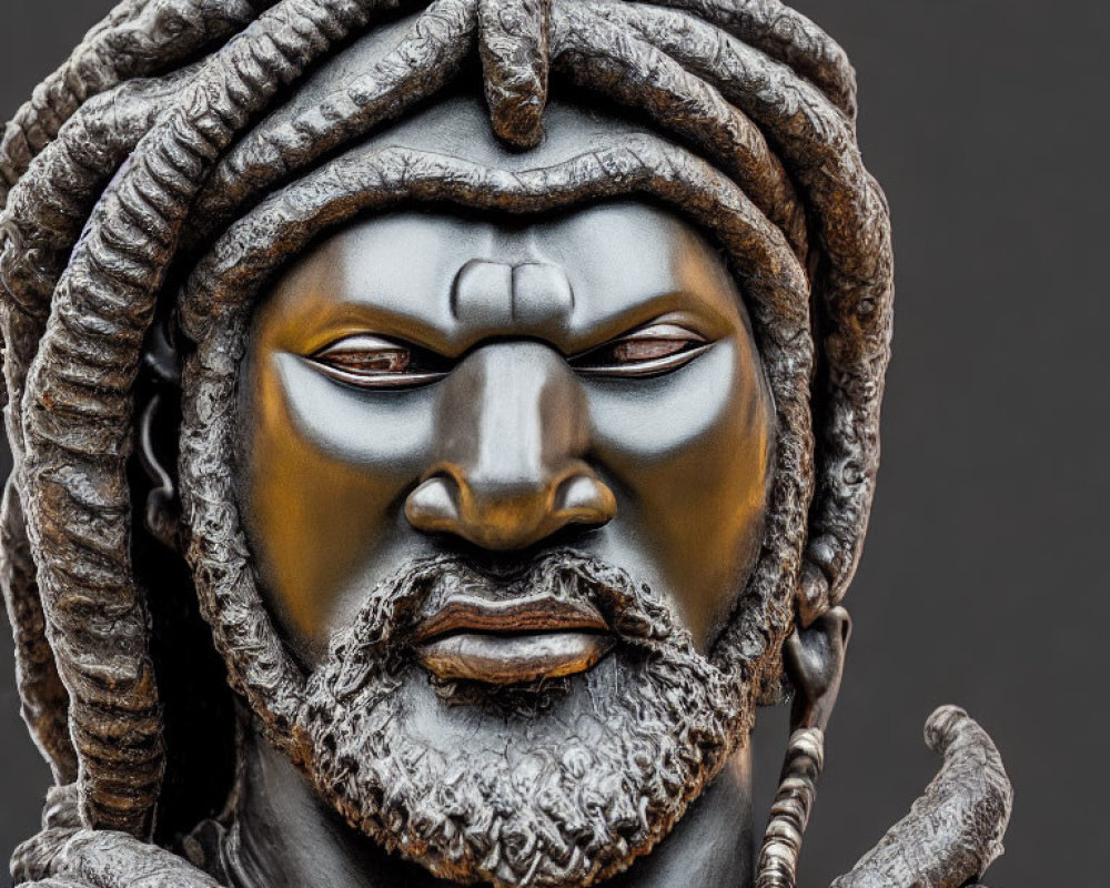 Detailed Sculpture of Person with Intricate Headwear on Grey Background