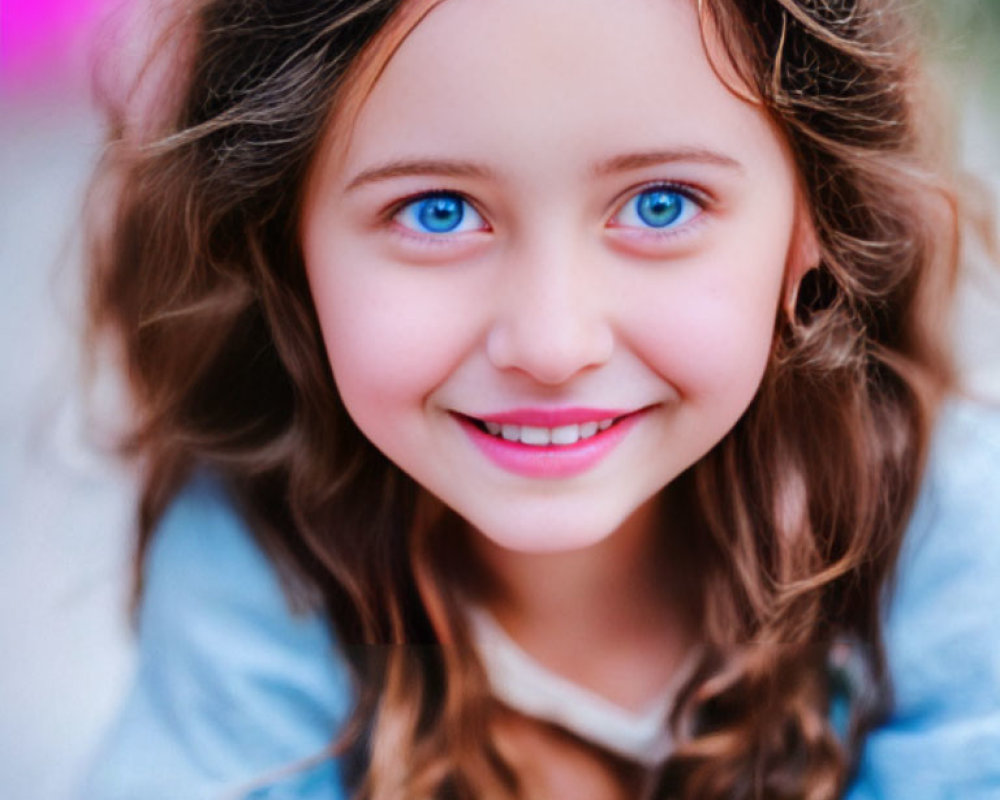 Girl with Bright Blue Eyes and Curly Hair Smiling in Pink Background