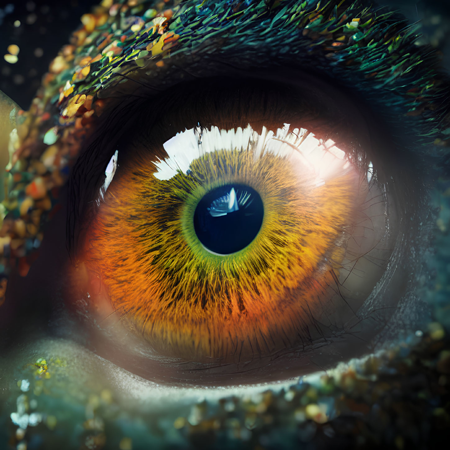 Close-Up of Human Eye with Orange and Green Iris and Glitter Lashes