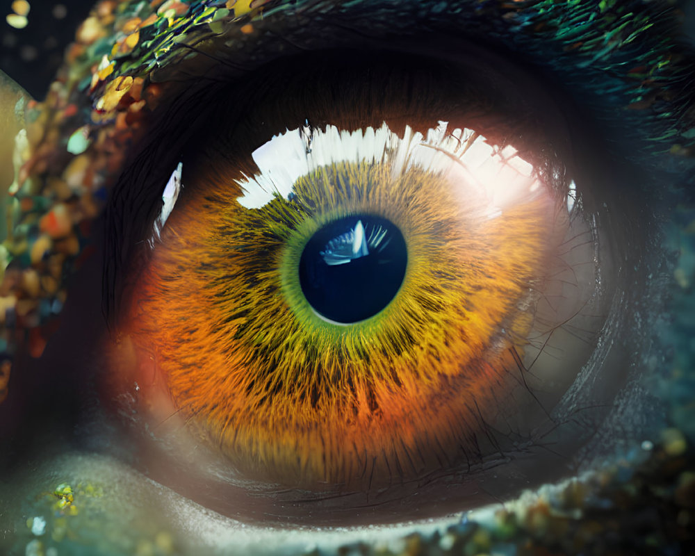 Close-Up of Human Eye with Orange and Green Iris and Glitter Lashes