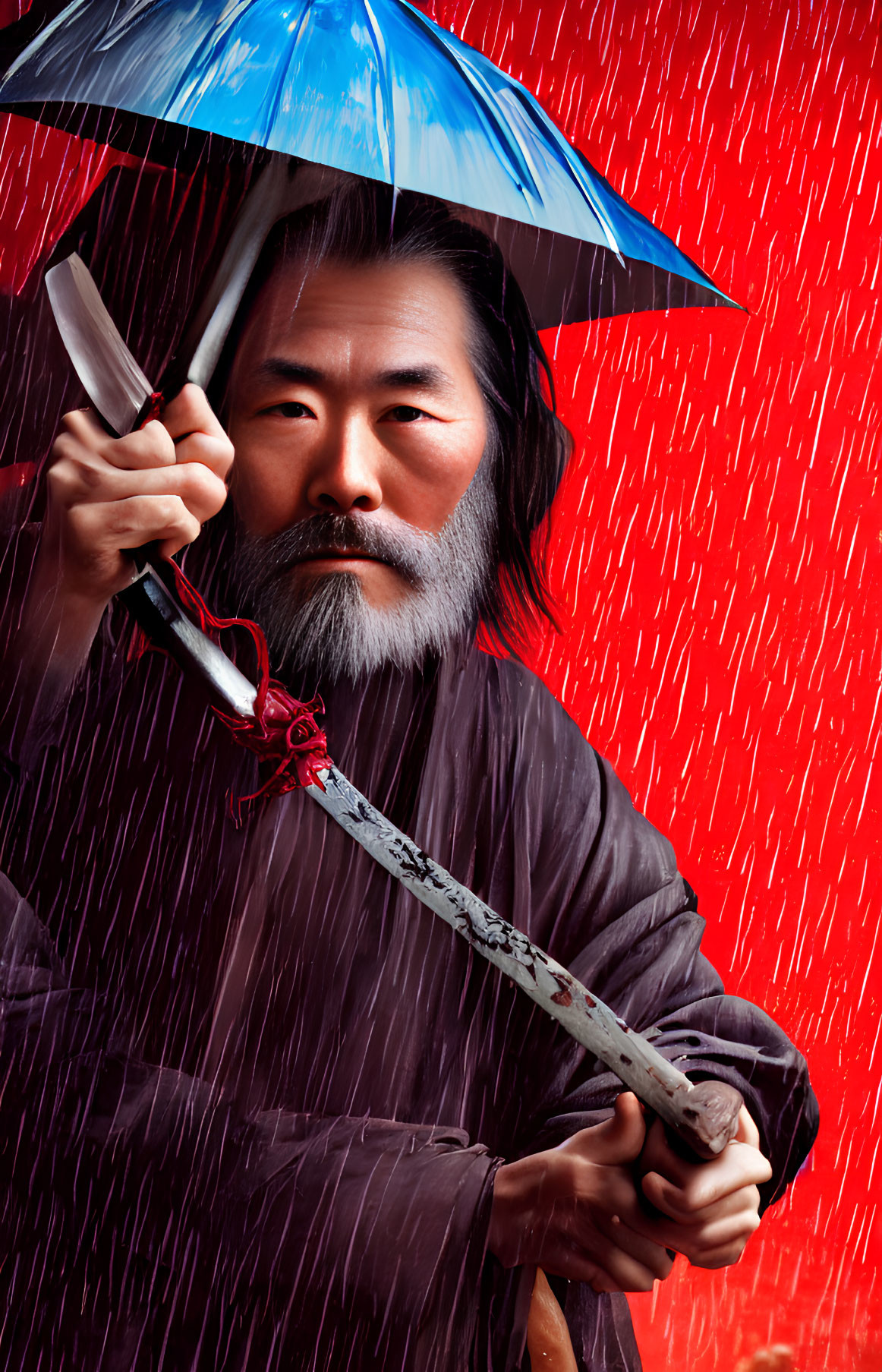 Bearded man in traditional attire with sword and blue umbrella in red rain