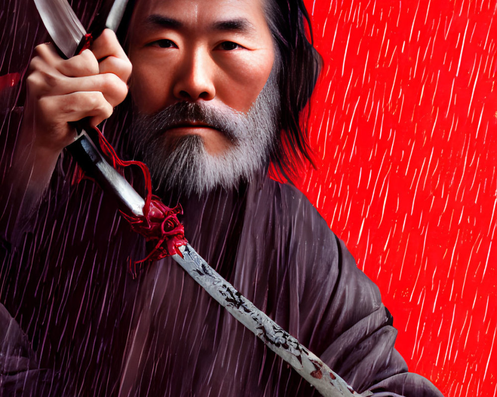 Bearded man in traditional attire with sword and blue umbrella in red rain