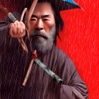 Bearded man in traditional attire with sword and blue umbrella in red rain