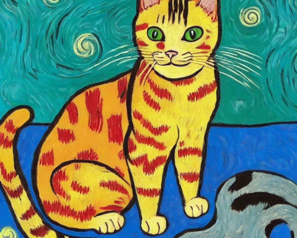 Colorful Striped Cat Illustration on Whimsical Background