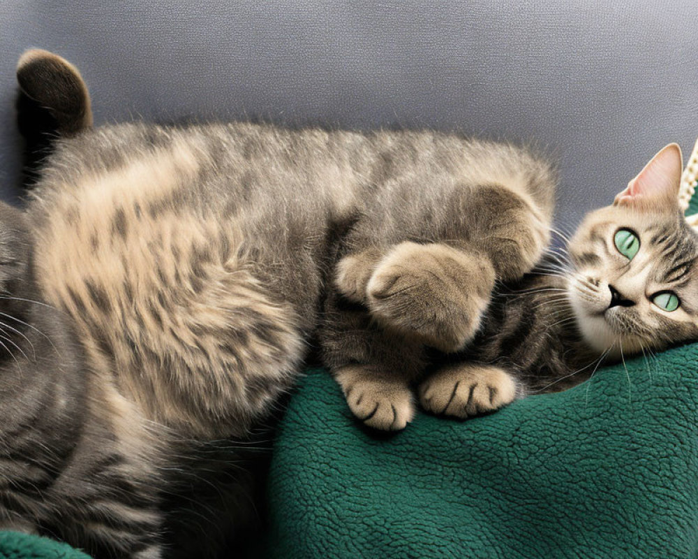 Tabby Cat with Green Eyes Relaxing on Teal Couch