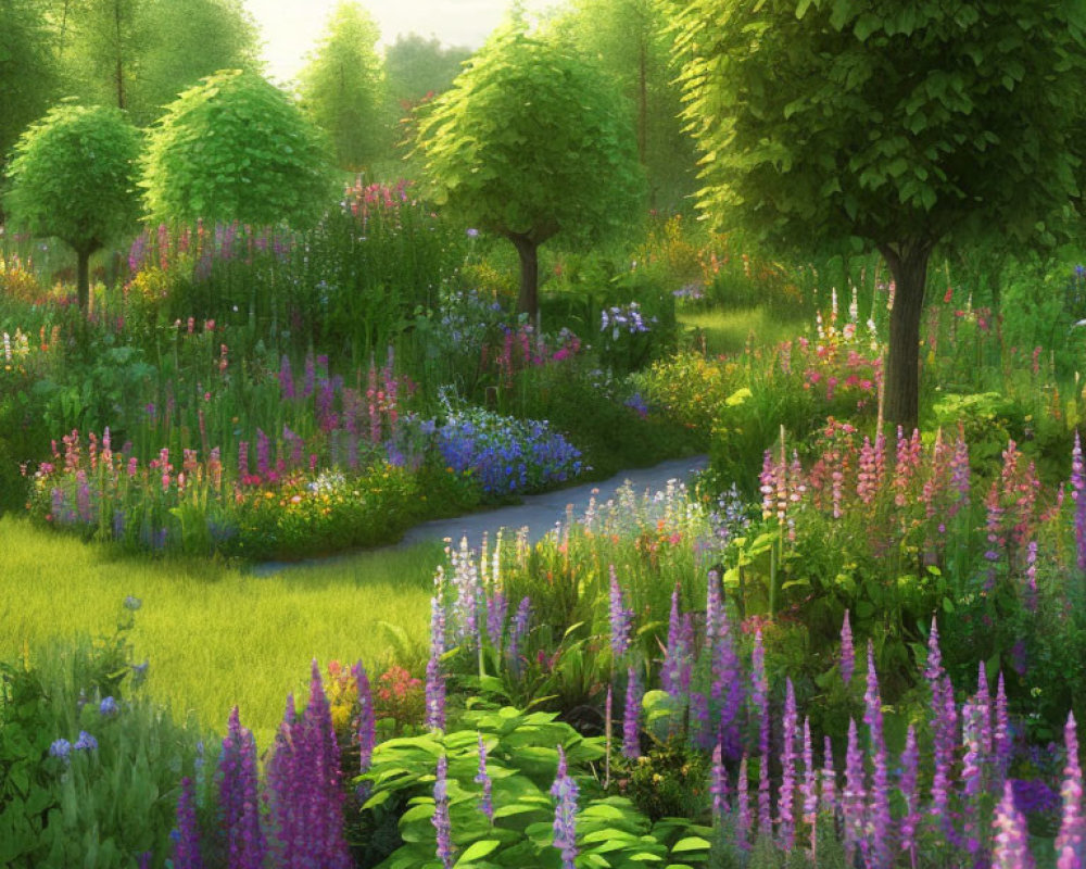 Vibrant lupines and flowers in lush garden setting