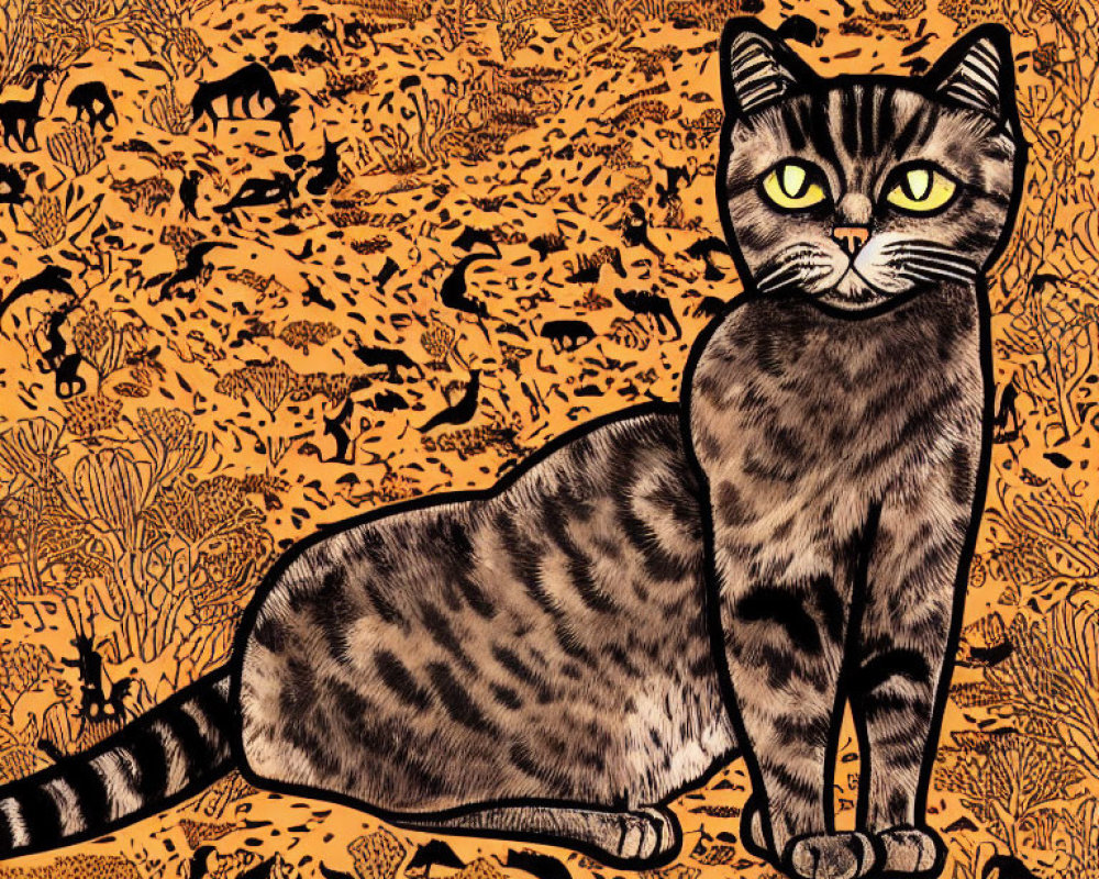 Stylized black-striped tabby cat illustration on orange backdrop with animal and plant silhouettes