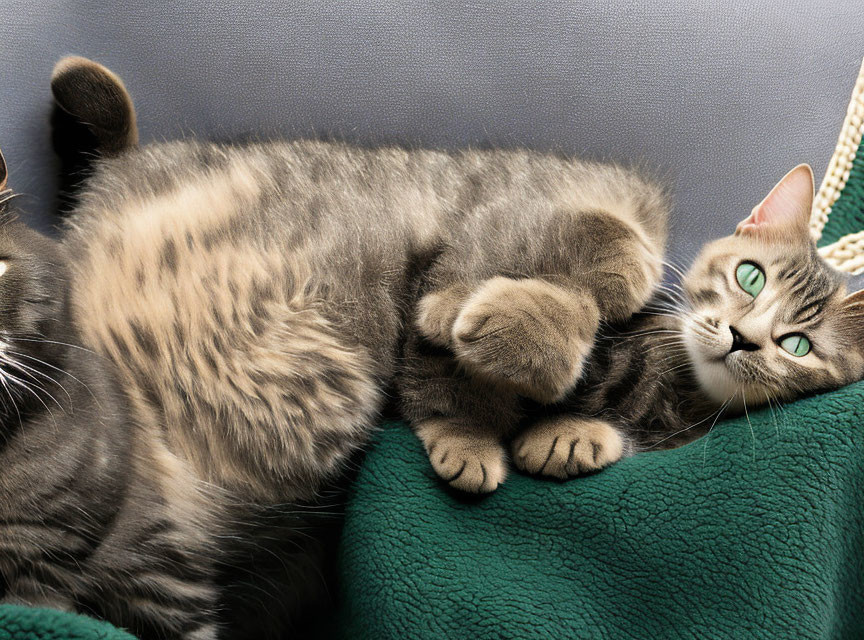 Tabby Cat with Green Eyes Relaxing on Teal Couch