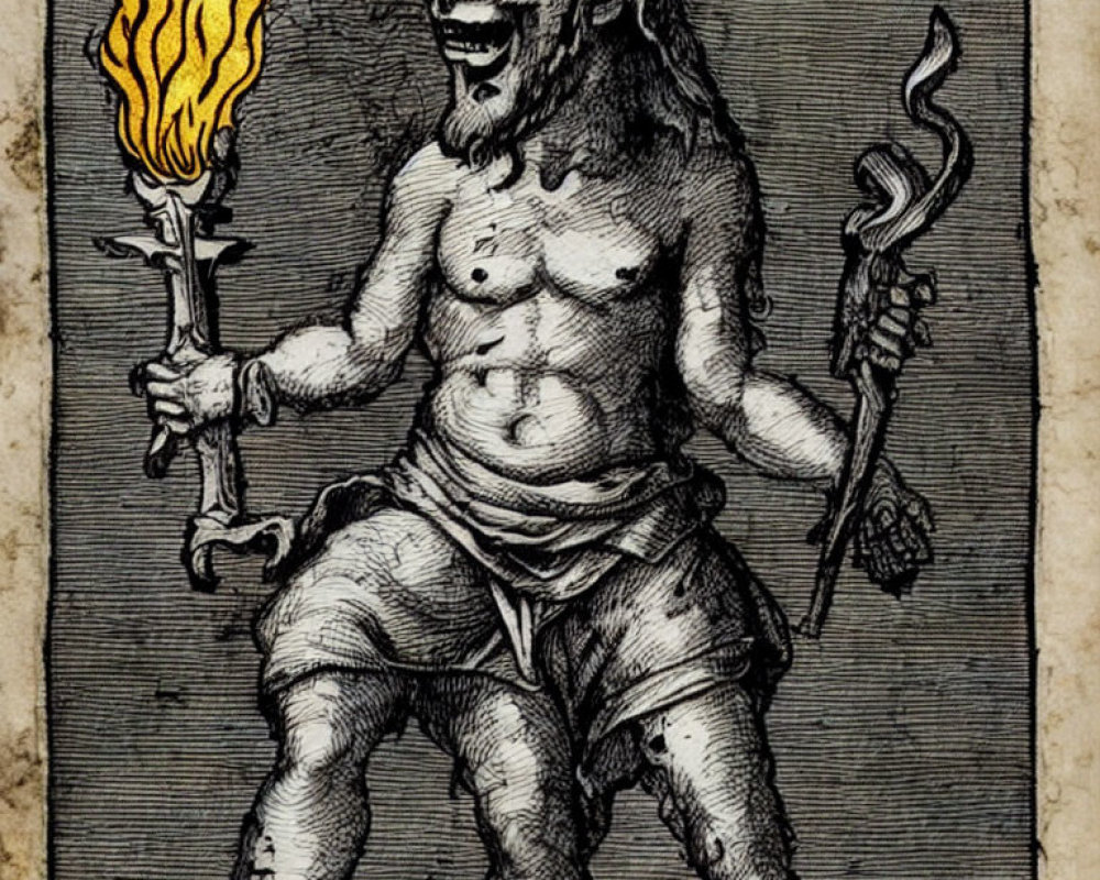 Mythological creature with trident and torch, wild expression