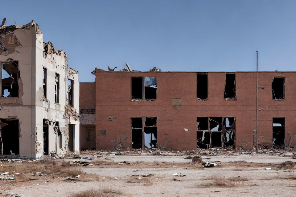 Abandoned brick building with damaged facade and broken windows.