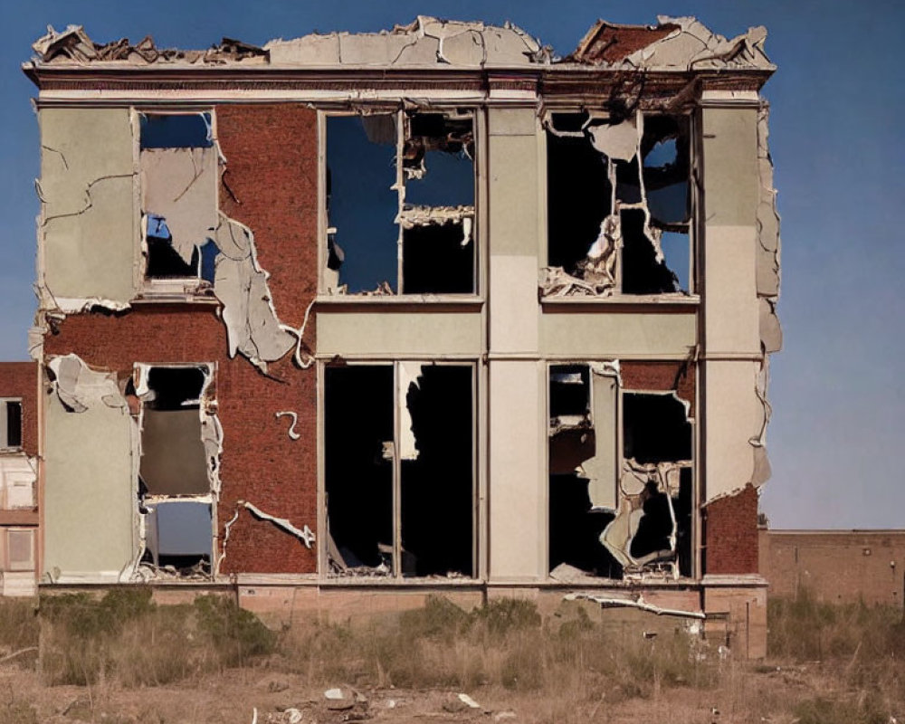 Abandoned red brick building with broken windows against clear sky