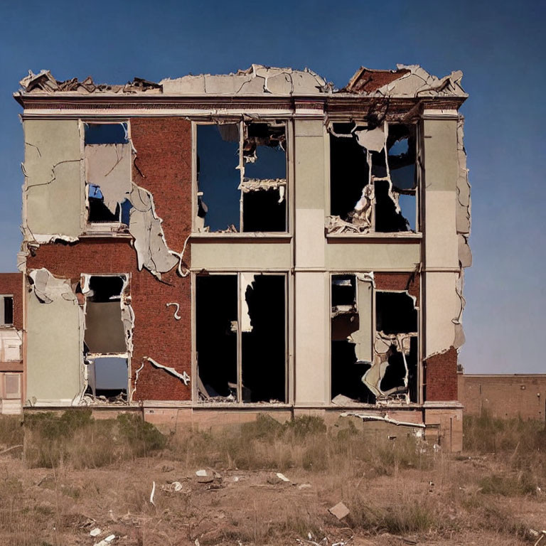 Abandoned red brick building with broken windows against clear sky