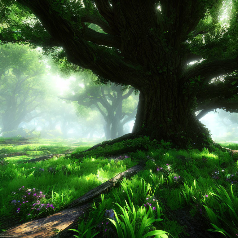 Majestic tree in lush green forest with sunlight filtering through canopy