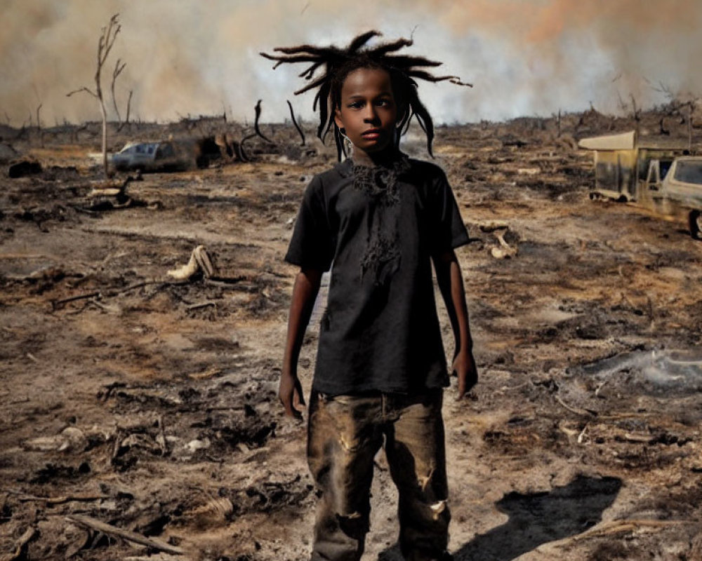 Child in burnt landscape with smoke and fire, wearing black shirt, staring at camera