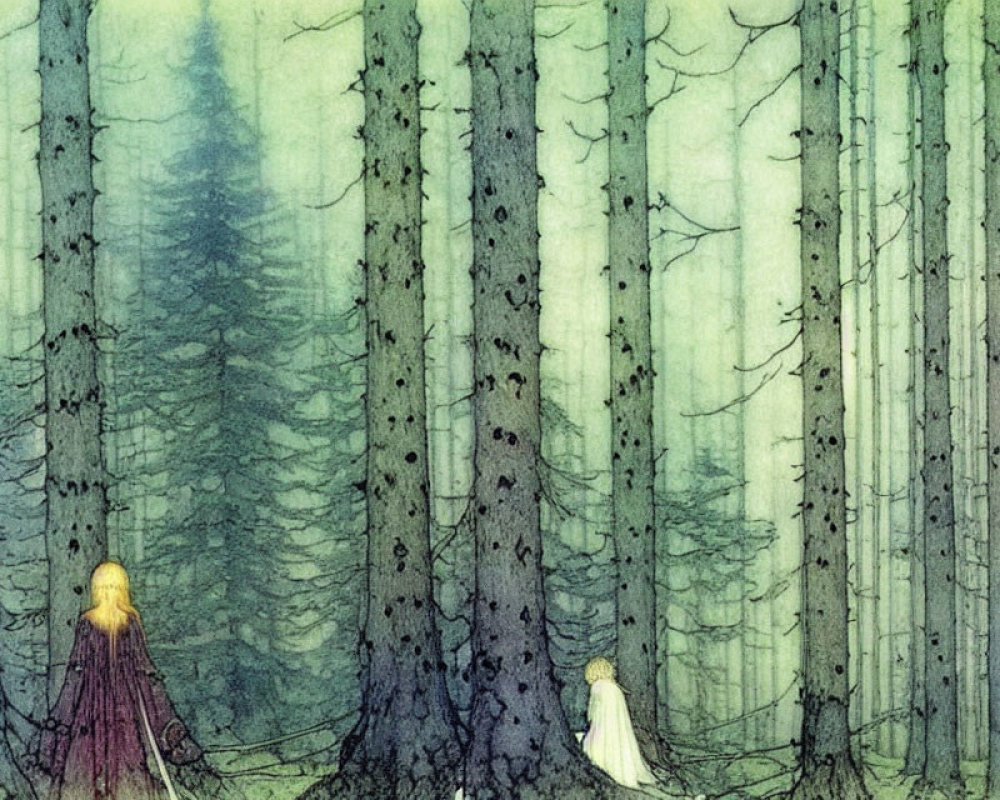 Tranquil forest with misty backdrop and two cloaked figures.