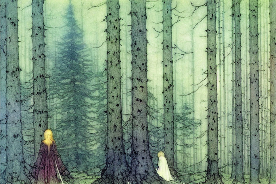 Tranquil forest with misty backdrop and two cloaked figures.