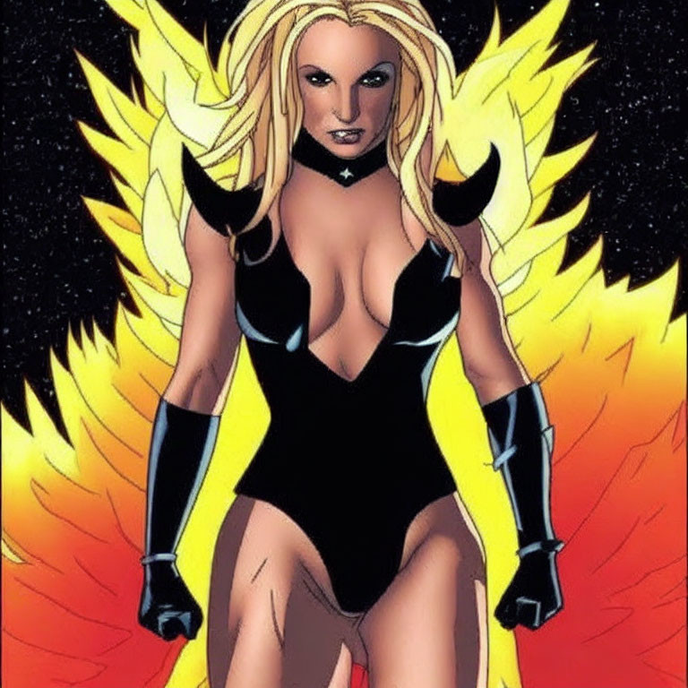 Blonde superhero with fiery aura in black bodysuit