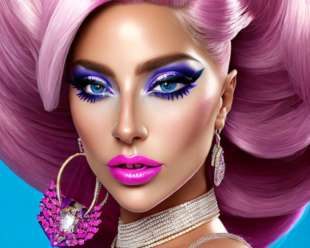 Vibrant Pink Hair and Blue Makeup on Woman with Glittering Accessories