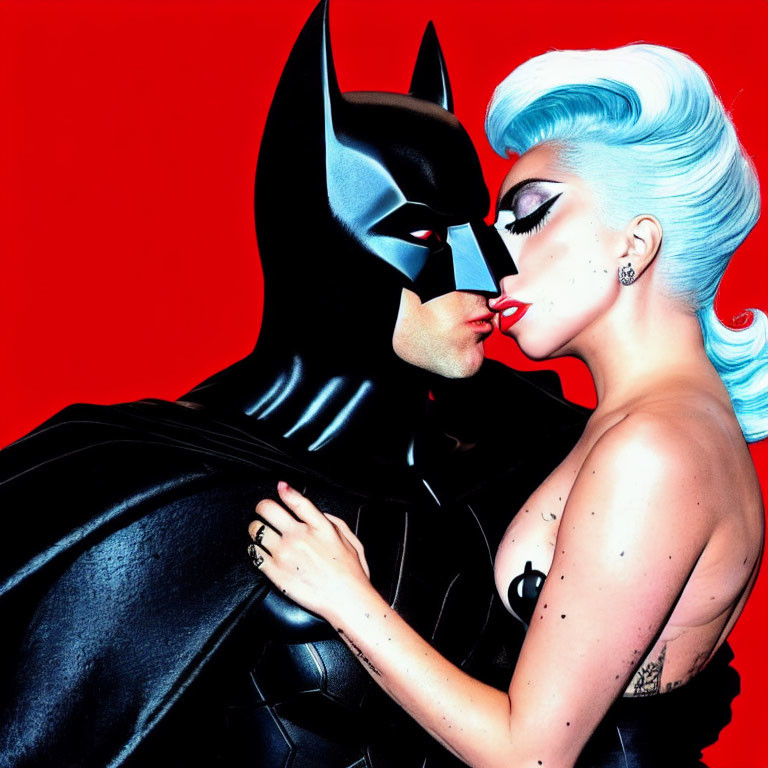 Woman with red lipstick and blue hair next to man in Batman costume on red backdrop