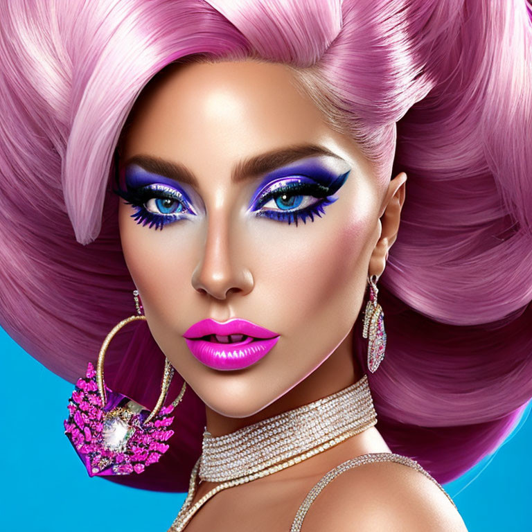 Vibrant Pink Hair and Blue Makeup on Woman with Glittering Accessories