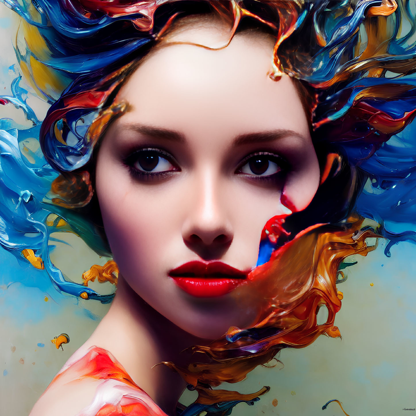 Colorful digital portrait of a woman with swirling paint around her face.