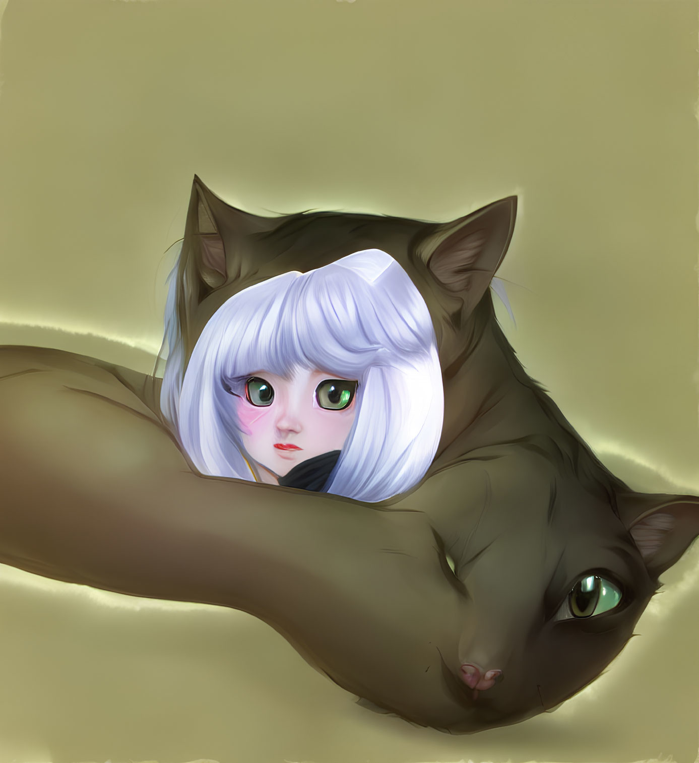 White-Haired Anime Girl with Green Eyes Cuddling Brown Cat on Yellow Background