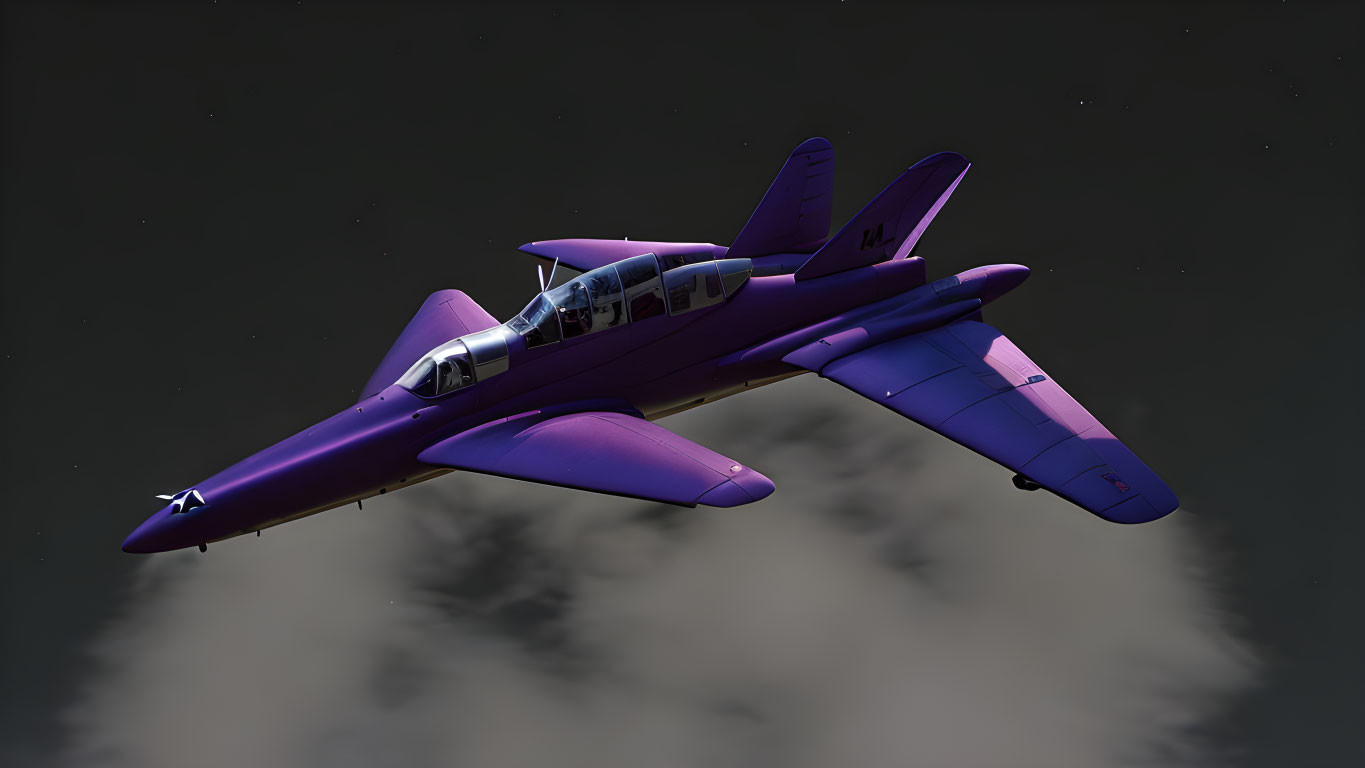 Purple fighter jet flying above clouds with retracted landing gear