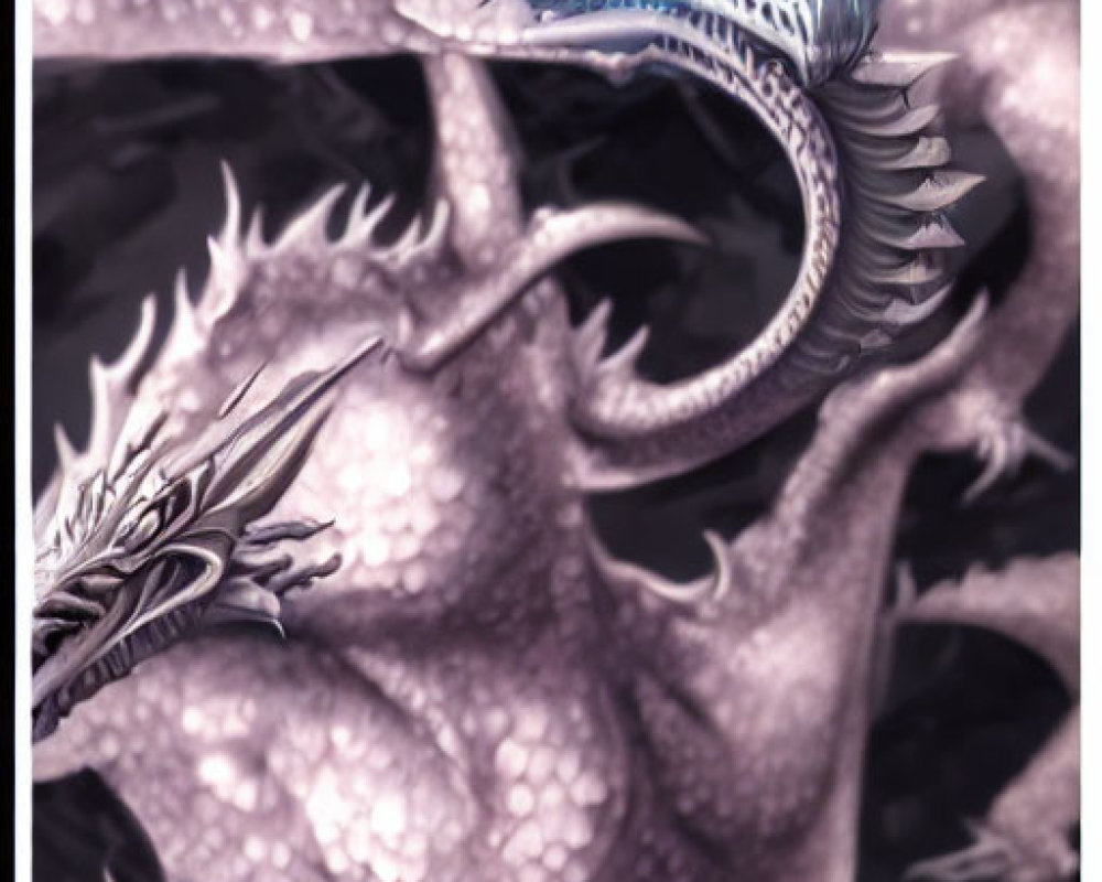 Detailed digital artwork: Intertwined dragons with blue eyes, silver & white scales