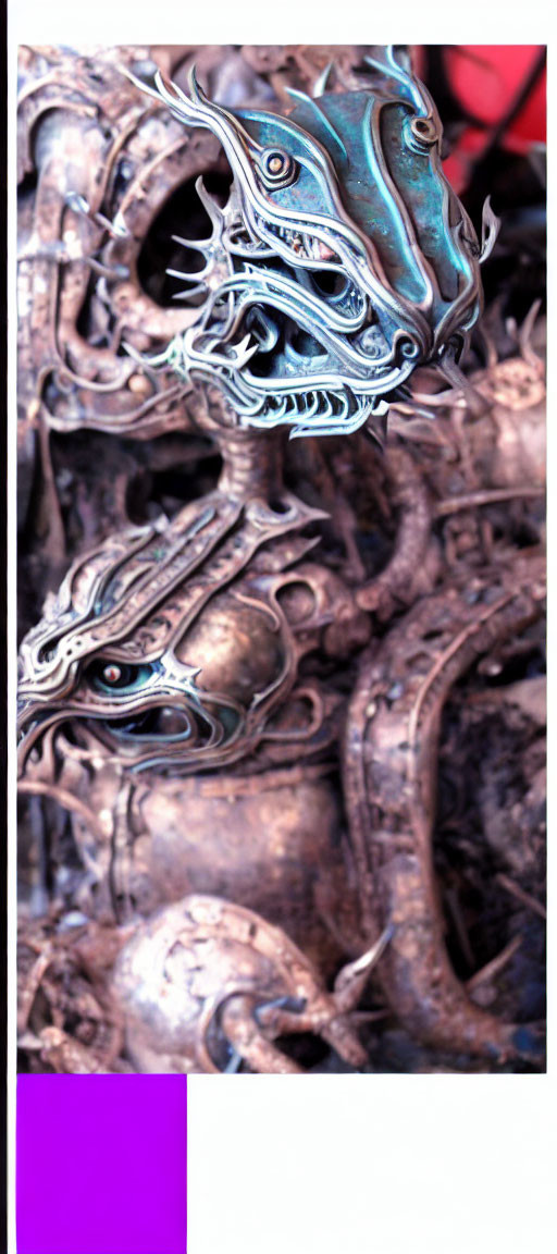 Detailed metallic dragon sculptures with intricate scales and fierce expressions in twisted metal background