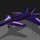 Purple fighter jet flying above clouds with retracted landing gear