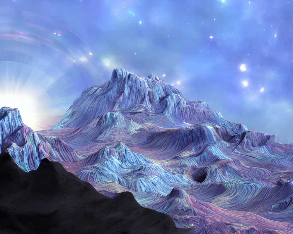 Colorful surreal mountain landscape with swirling patterns and radiant sunrise