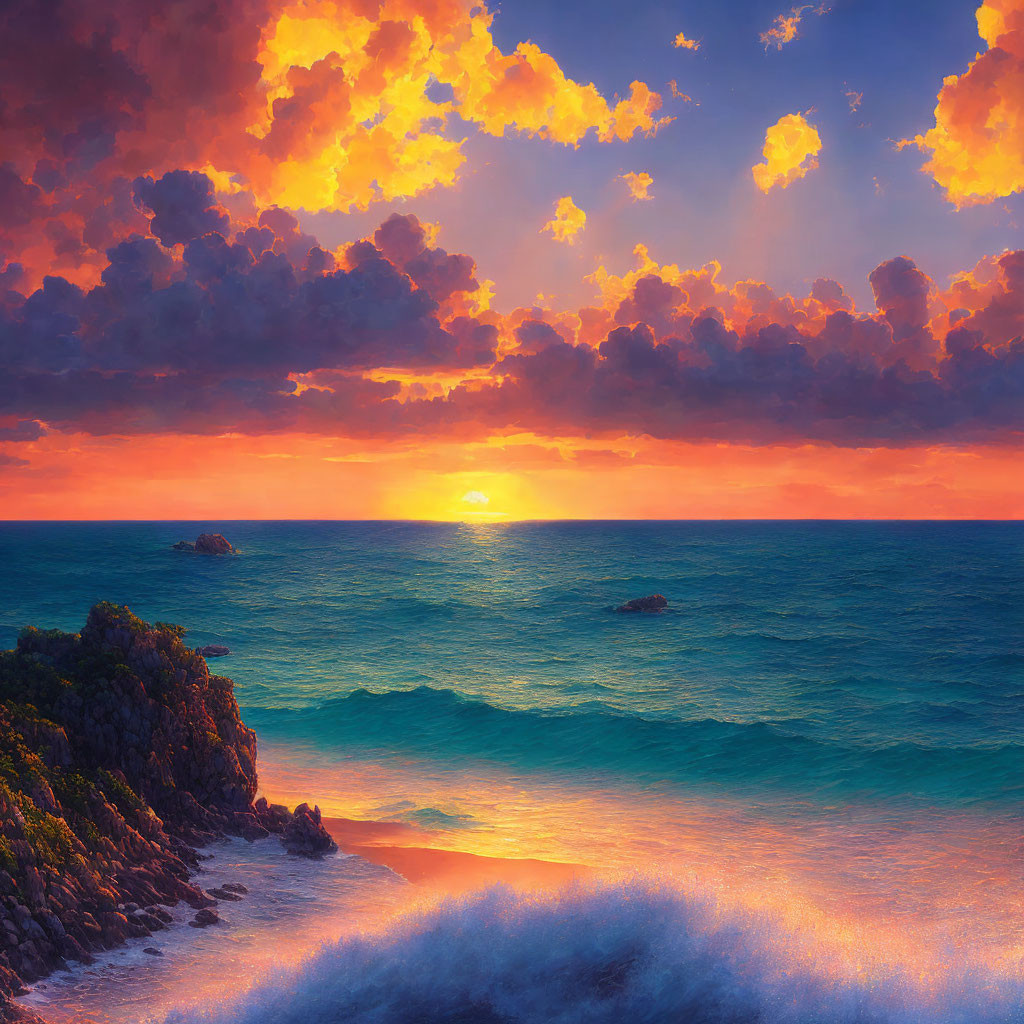 Vibrant sunset over ocean with golden clouds and crashing waves