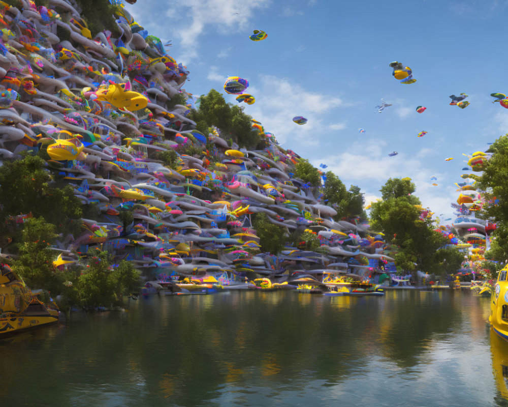 Vibrant surreal scene: inflatable fish-like balloons over river boats, surrounded by lush greenery and