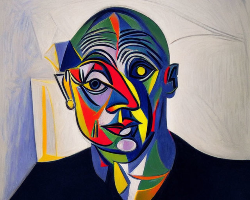 Vibrant cubist portrait with geometric shapes in blue, green, and yellow