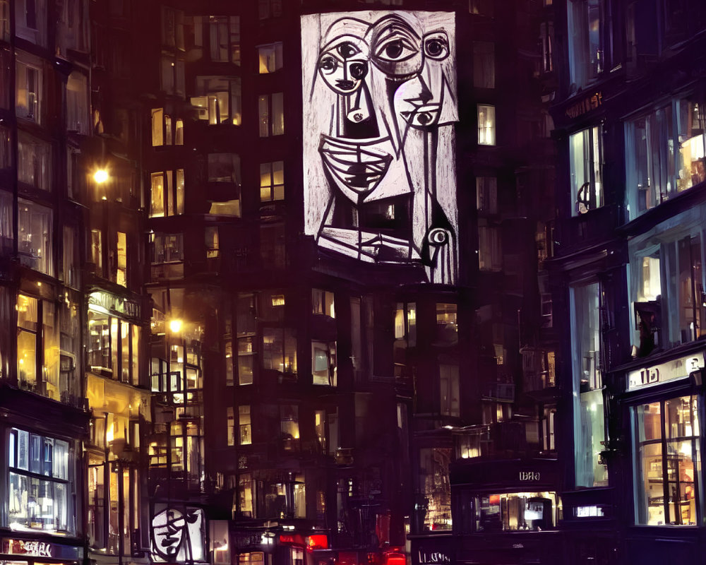 Stylized faces on urban building overlooking city street at night