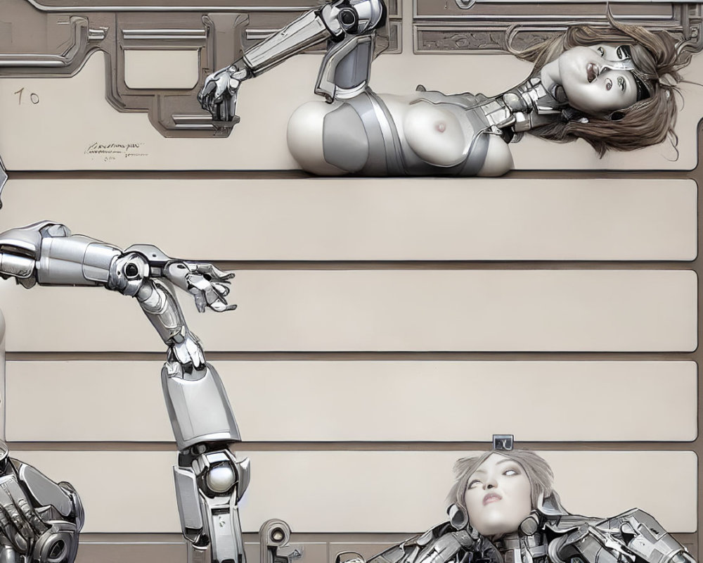 Humanoid robot and human woman touching hands in artwork reminiscent of "The Creation of Adam