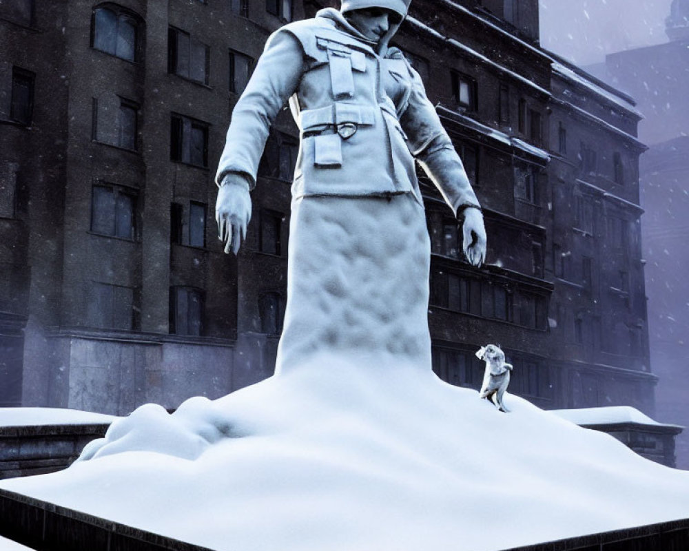 Snow-covered statue in winter coat and hat with dog in snowy cityscape