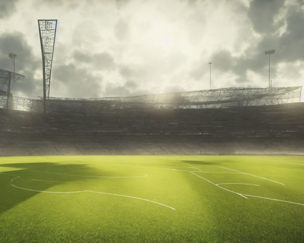 Deserted stadium with green field, floodlights, and cloudy sky.