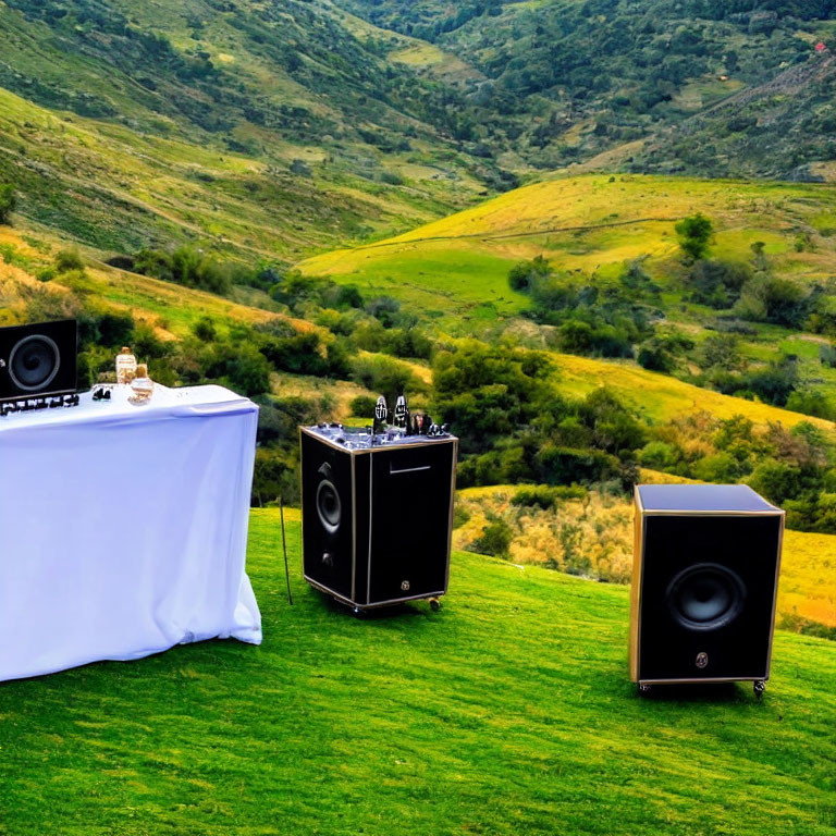 DJ setup with speakers and mixer on grassy hillside